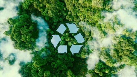 A lake shaped like a recycling sign in the middle of untouched nature.