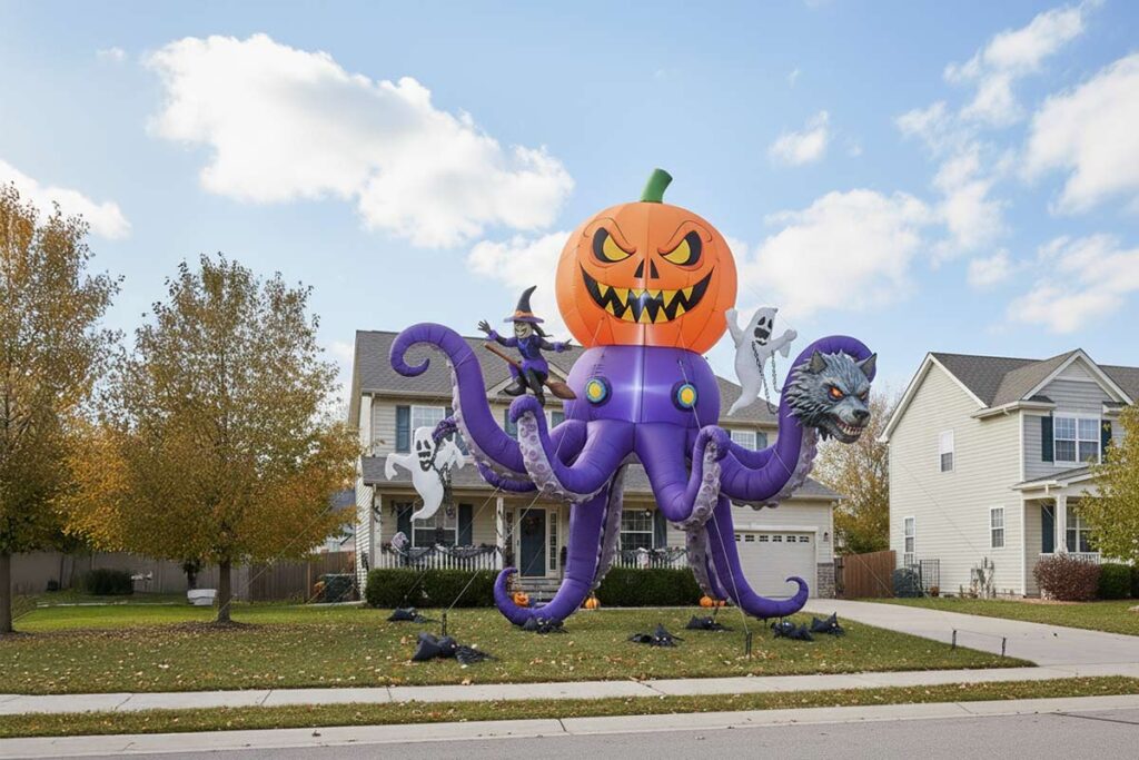 An impressive and creatively designed giant Halloween inflatable display, visible from across the street in front of a standalone house during the day, store it today at MyPlace Self Storage.