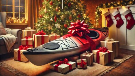 Kayak with a bow on a Christmas tree as gift.