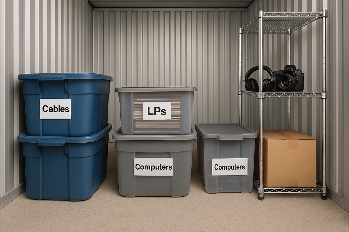 Storage unit with boxes labeled including home electronics.
