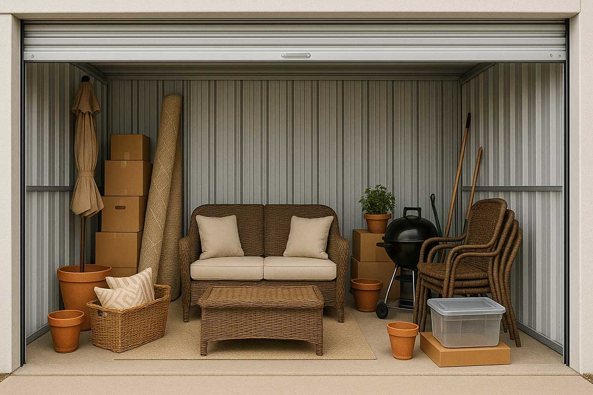 patio items including furniture inside a storage unit.