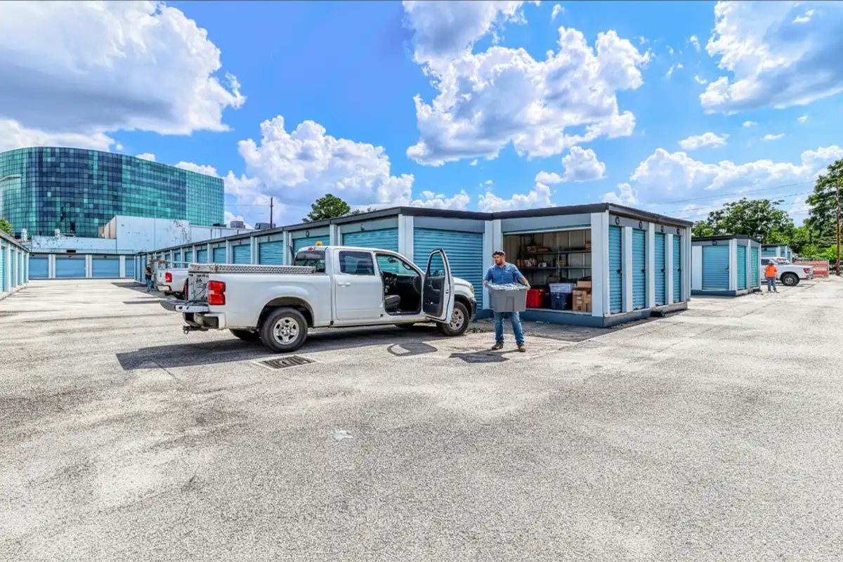 Customer utilizing a spacious drive-up storage unit at MyPlace Self Storage in Houston, TX, with a pickup truck parked directly at the unit door for easy loading.