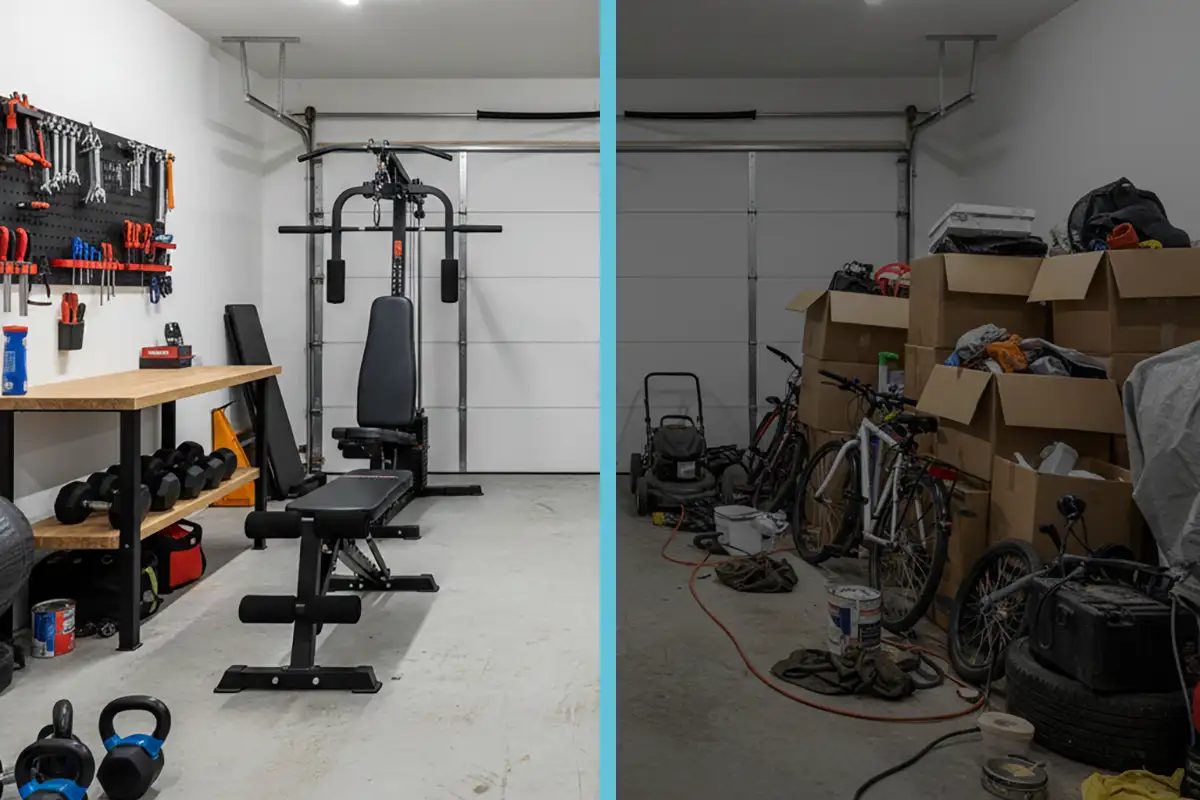 New Year, New Space: Why Your Resolutions Fail Without Room to Breathe 2 Side-by-side comparison showing a cluttered garage transformed into a clean home gym, illustrating a New Year's fitness resolution achieved through decluttering.