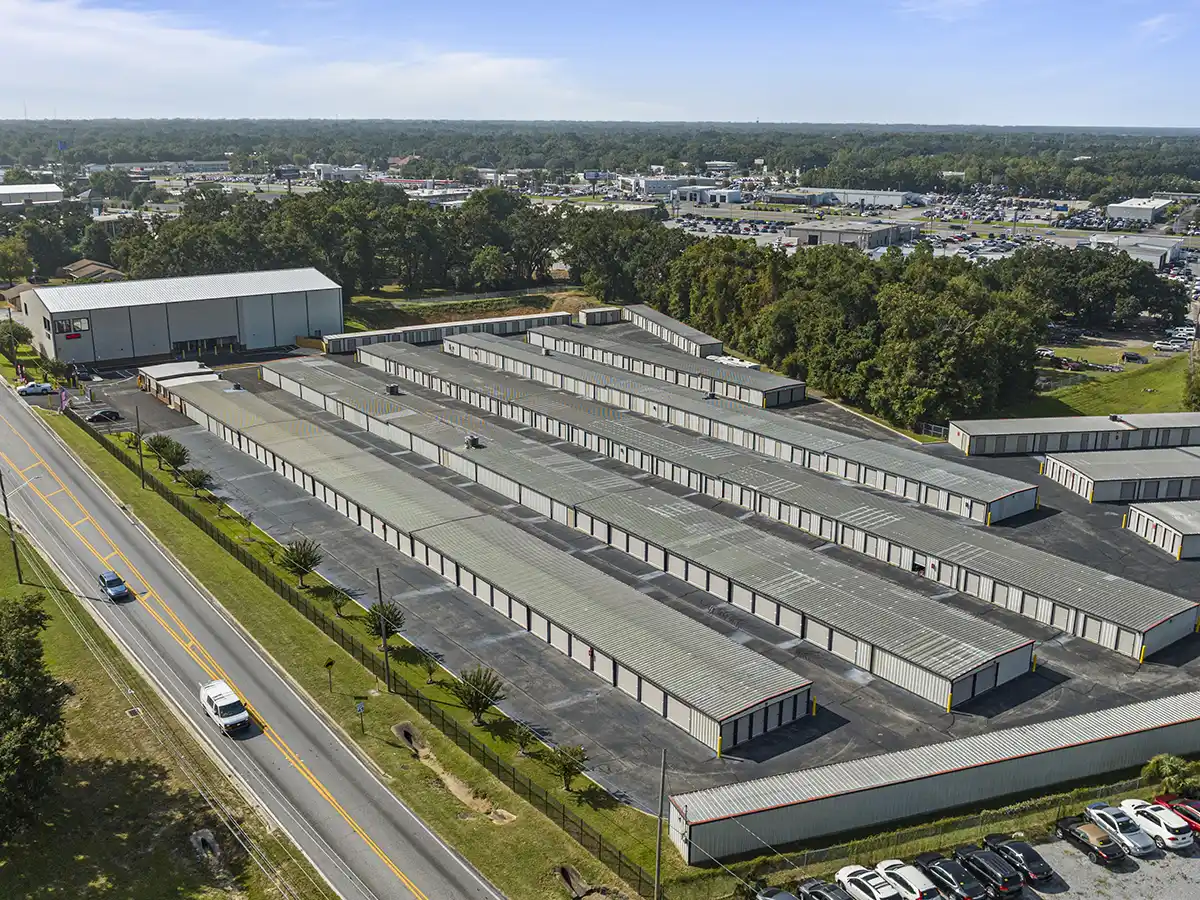 Aerial view of the MyPlace Self Storage facility on North Palafox Street in Pensacola, featuring extensive rows of drive-up units and easy road access.
