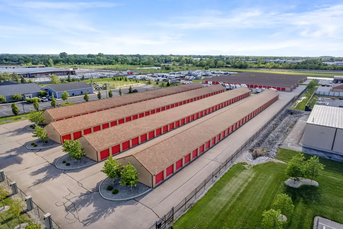 Aerial photo of the drive up units at MyPlace Self Storage in Franklin, IN.