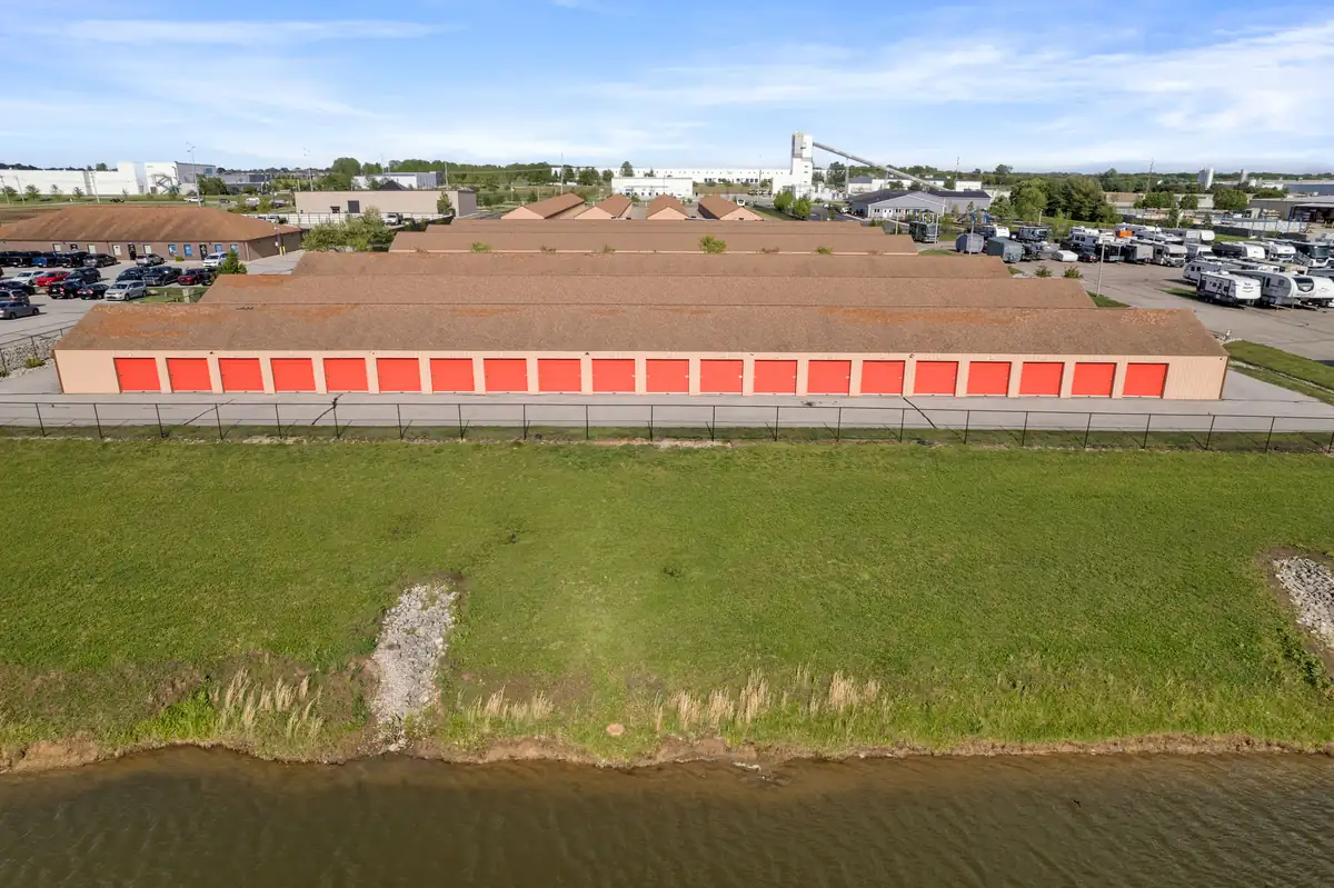 Aerial photo of the drive up units at MyPlace Self Storage in Franklin, IN.