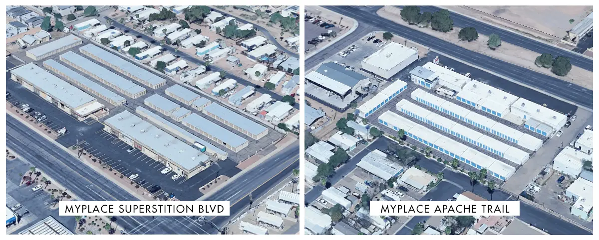 Aerial view of our 2 new MyPlace Self Storage locations in apache junction, AZ