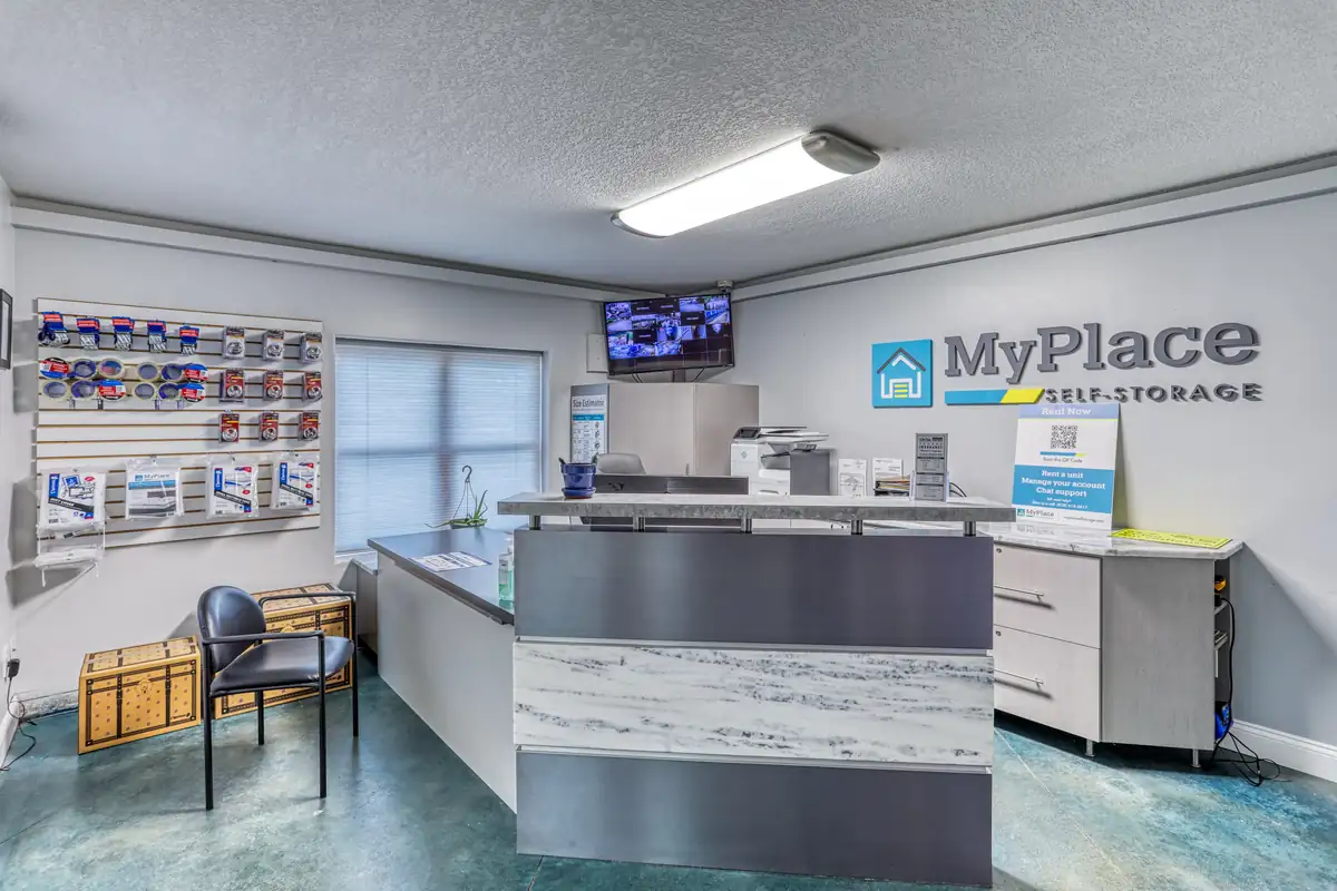 Welcoming front desk and packing supply retail area inside the MyPlace Self Storage Asheville rental office.