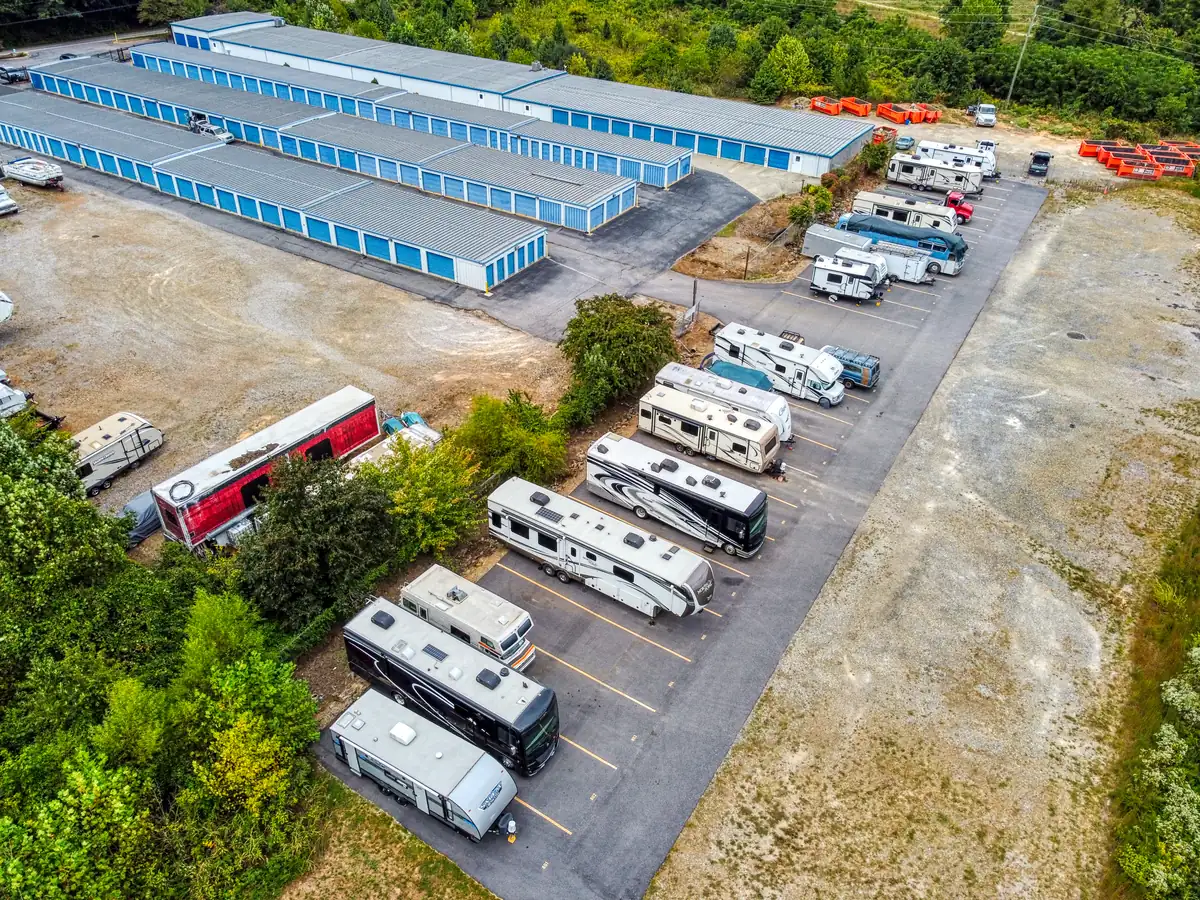 Aerial view highlighting spacious uncovered RV, boat, and vehicle parking spaces at MyPlace Self Storage Asheville.