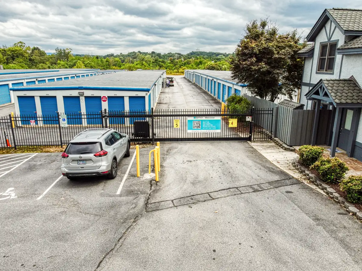 Secure gated entrance and exit with keypad access at MyPlace Self Storage in Asheville.