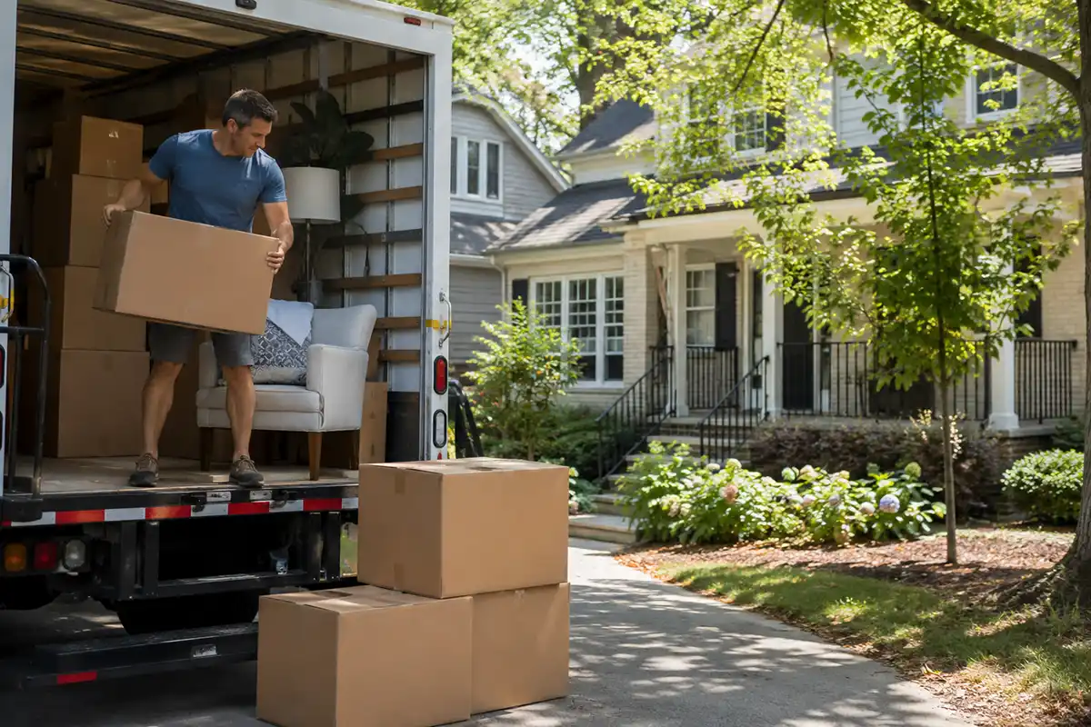 Self Storage in Chapel Hill and Chatham County: A Local Guide for the 15-501 Corridor 2 Man unloading a moving truck near Chapel Hill, NC using self storage during a move.