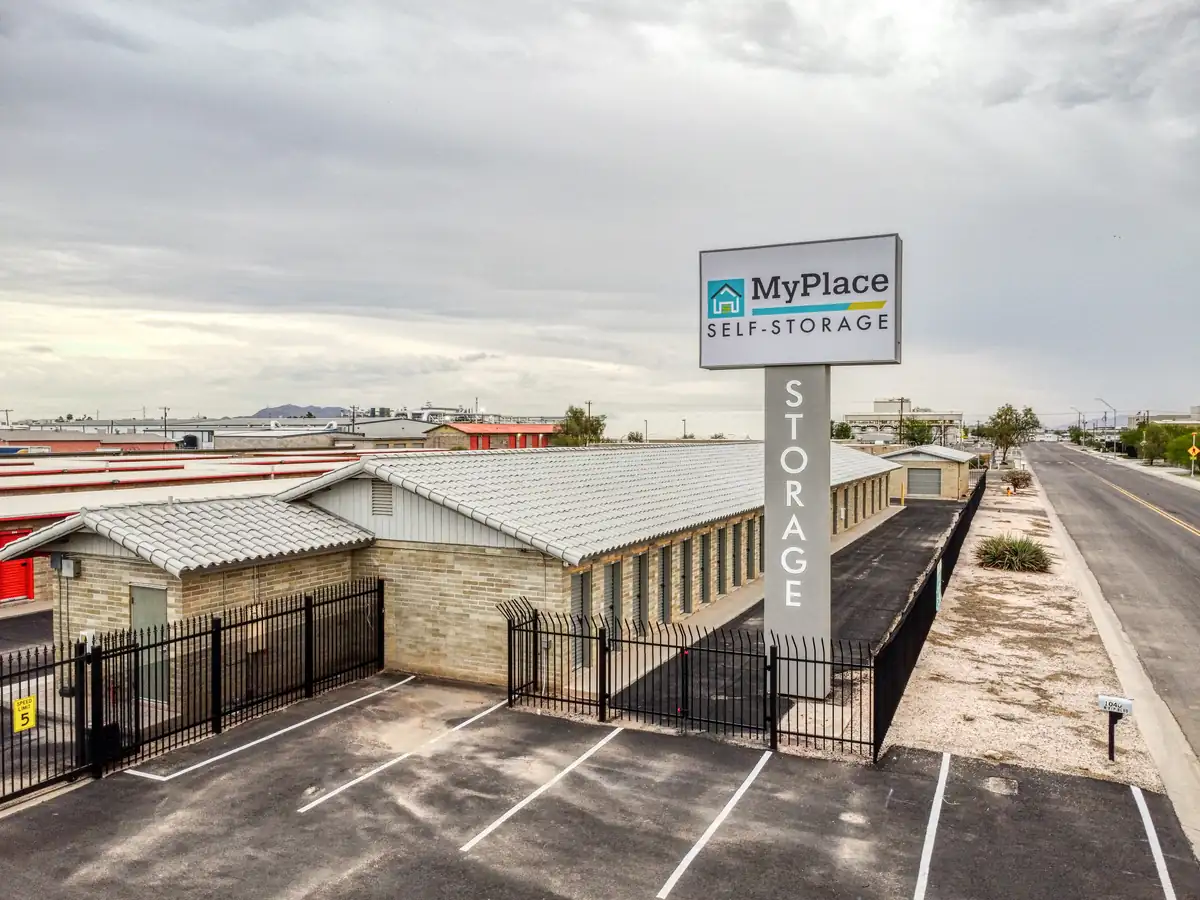 Aerial view of our MyPlace Self Storage sign on N VIP Blvd in Casa Grande, AZ