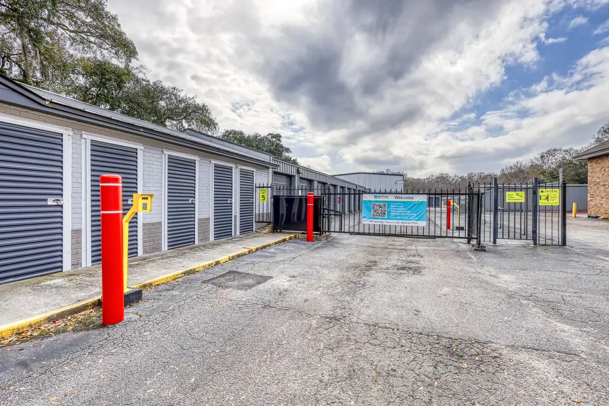 Electronic gate entrance and fenced drive at MyPlace Self-Storage Charleston.