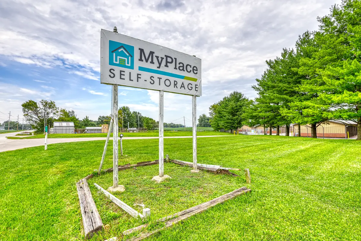 MyPlace Self Storage sign displayed on a grassy roadside area in Cicero, IN.
