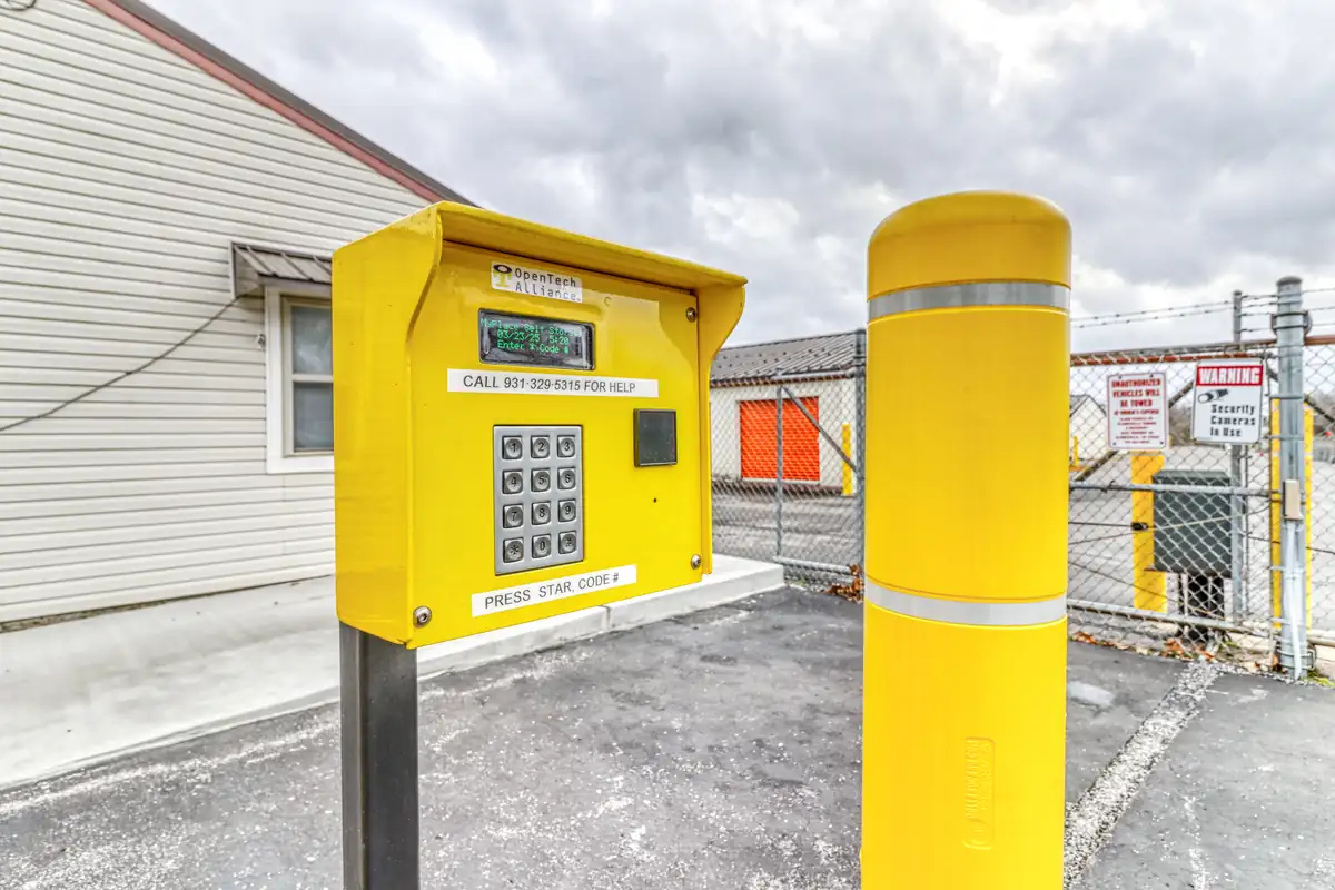 Electronic gate keypad and fenced entrance at MyPlace Self-Storage in Clarksville, TN.