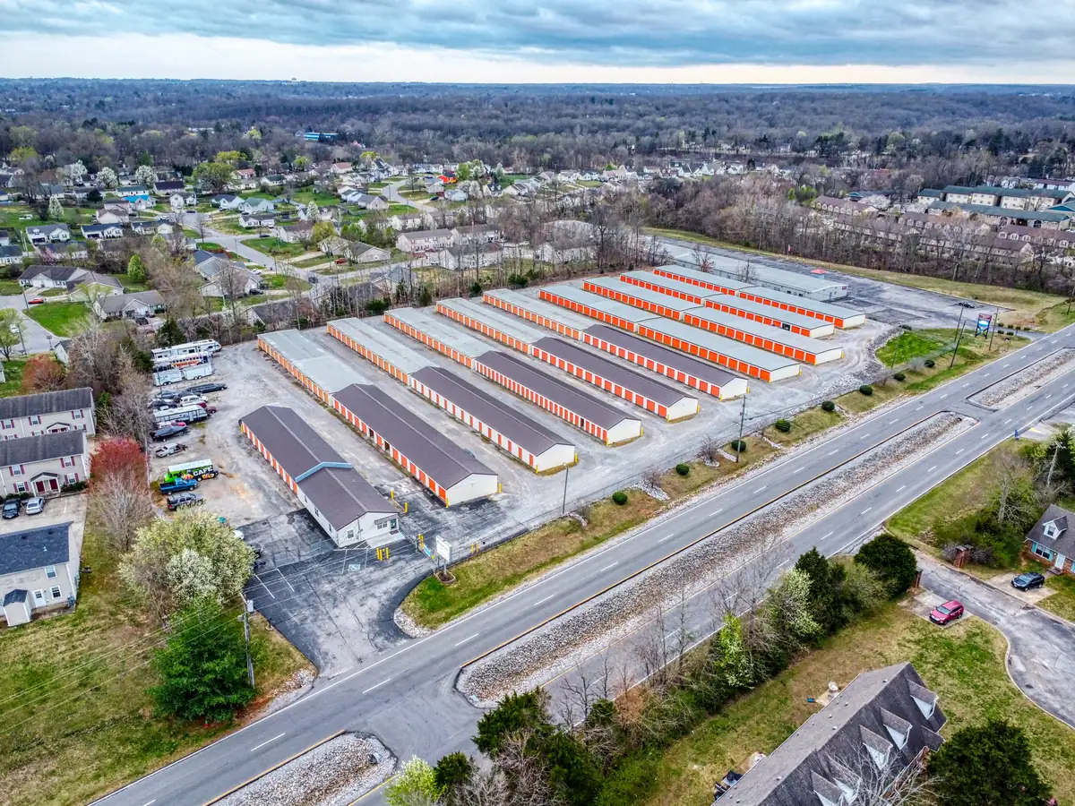 Aerial view of MyPlace Self-Storage buildings and drive aisles at 178 Jack Miller Blvd in Clarksville, TN.