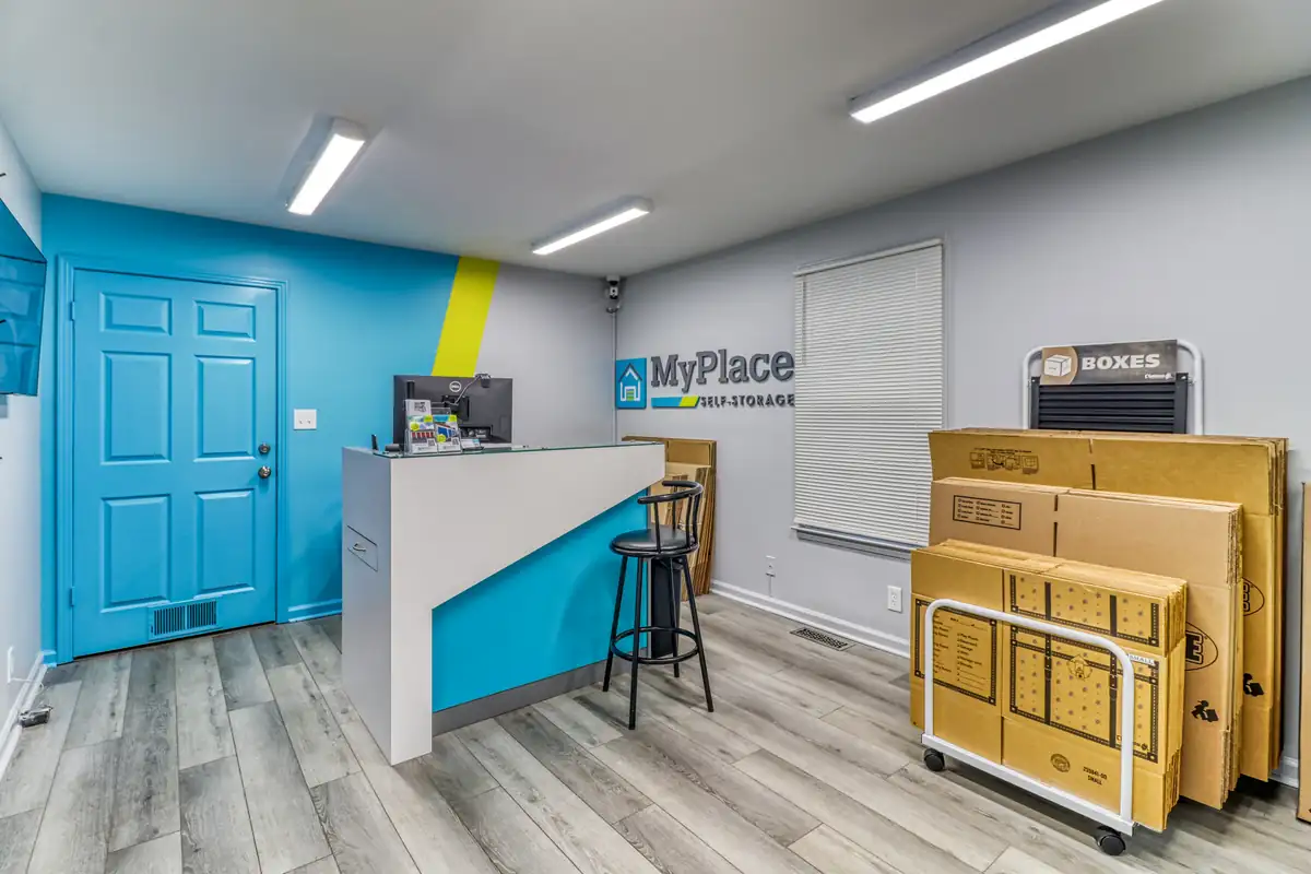 Rental office front counter at MyPlace Self-Storage on Collier Road in Clarksville, TN.