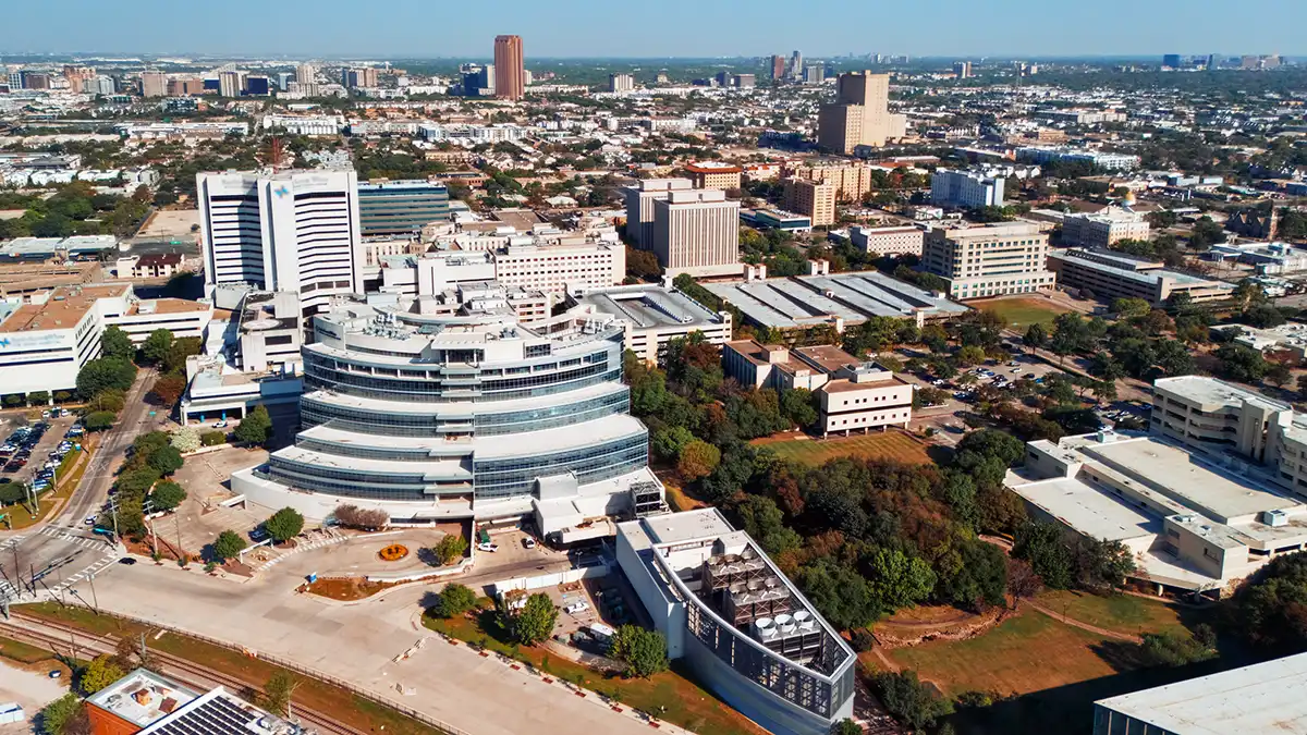 Aerial view of the Dallas Medical District near climate-controlled storage at MyPlace Self Storage on Maple Avenue.