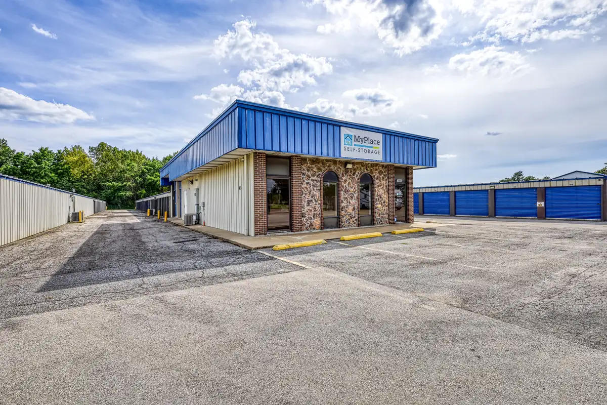 Angled exterior view of the MyPlace Self Storage leasing office and adjacent storage buildings in Danville.