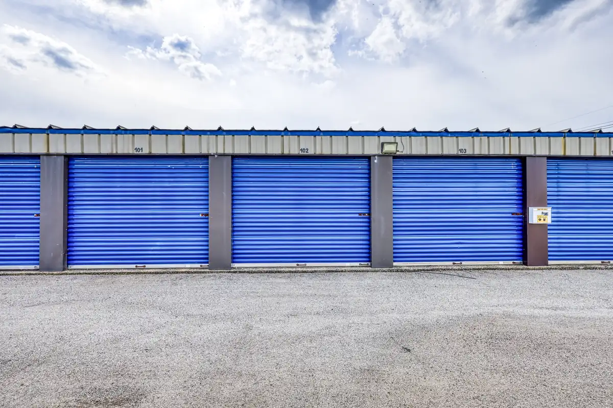 Close-up of blue exterior drive-up storage unit doors at the Danville, IL facility.