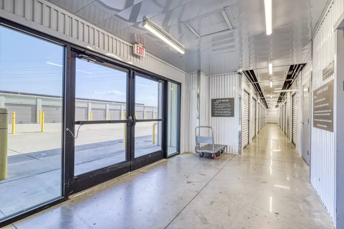 Building entrance and glass doors at MyPlace Self-Storage on East University Drive in Denton, TX.