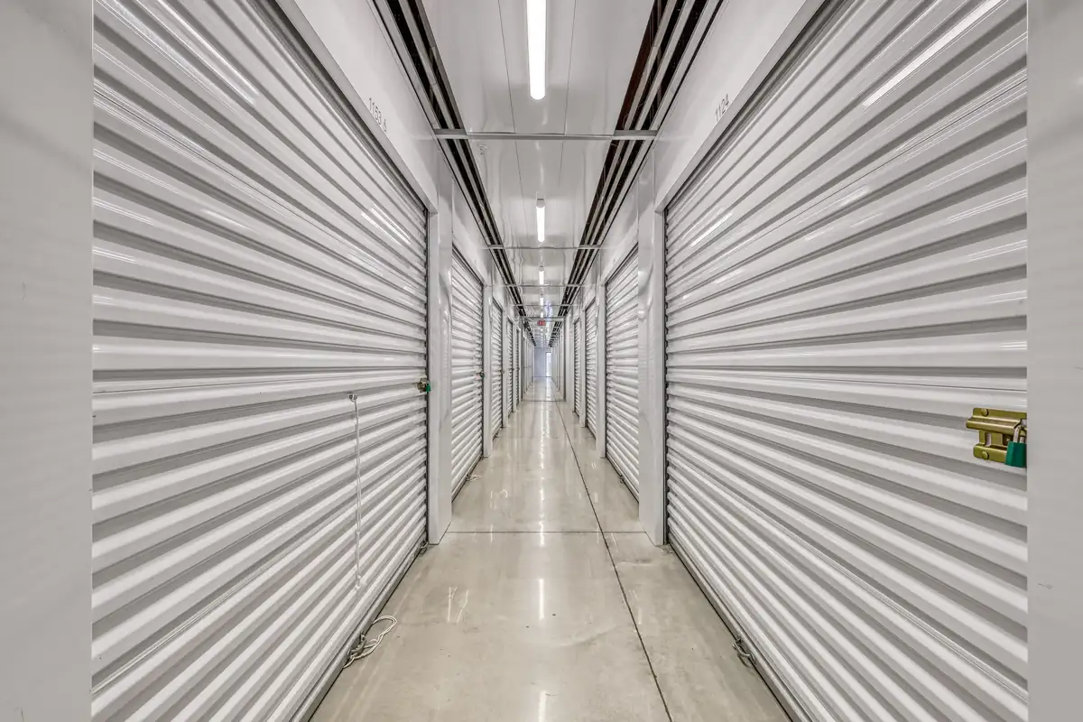 Interior corridor of climate-controlled storage units at MyPlace Self-Storage on East University Drive.