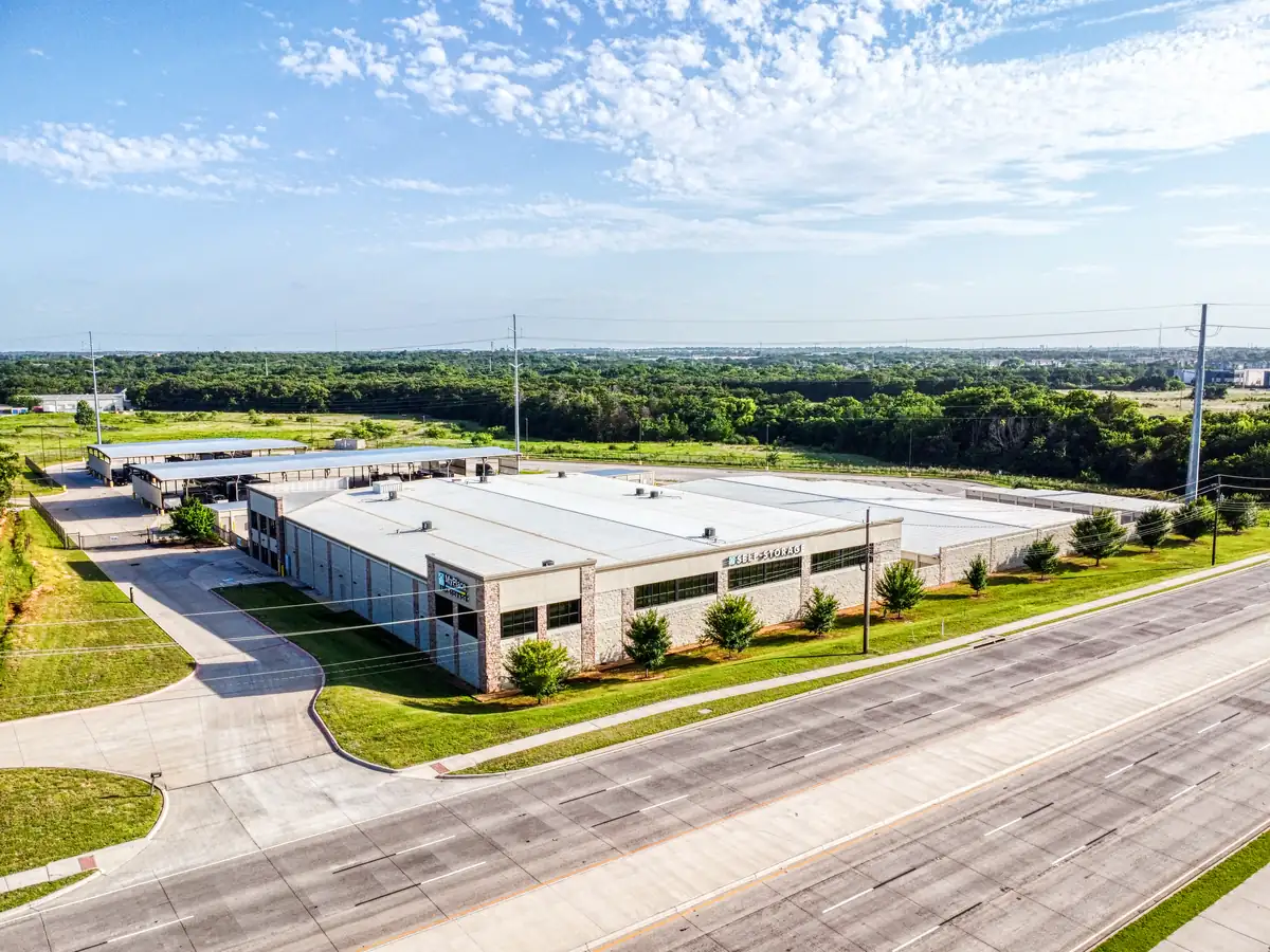 Aerial view of MyPlace Self-Storage buildings and drive aisles on East University Drive in Denton.