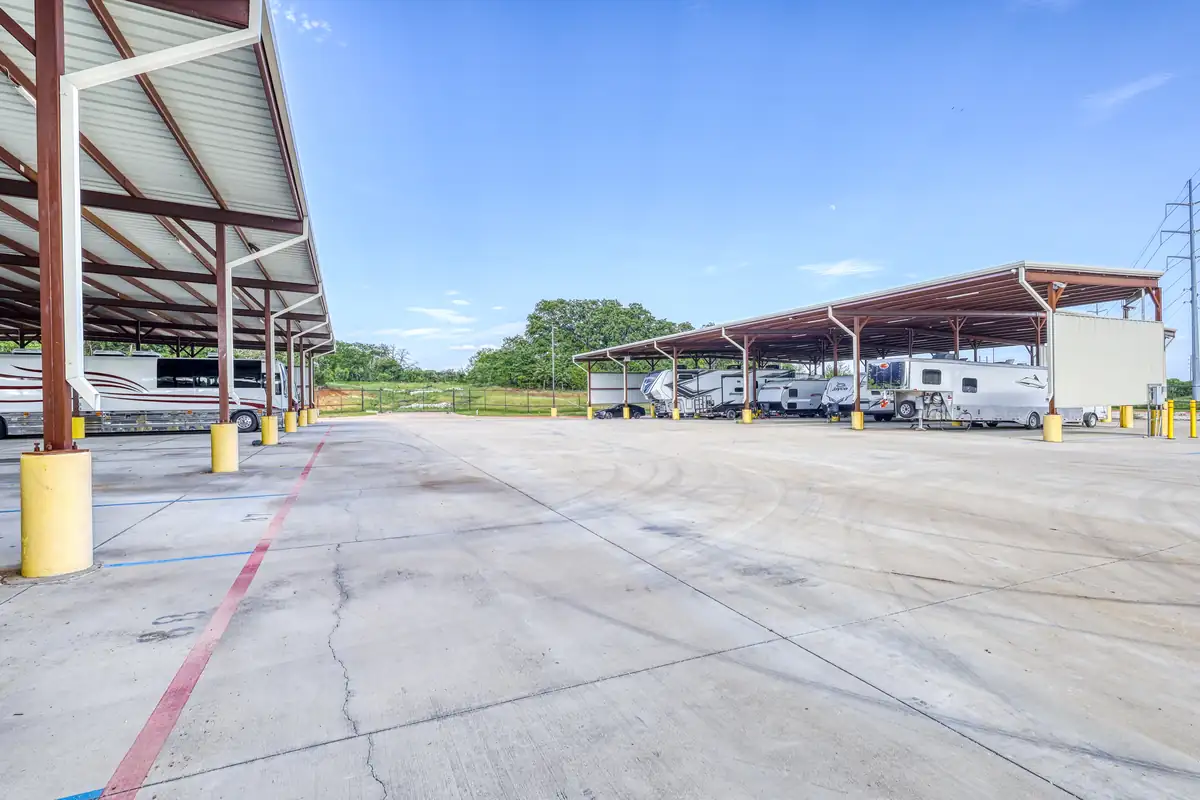 Covered parking canopy for RV and boat storage at MyPlace Self-Storage on East University Drive in Denton, TX.