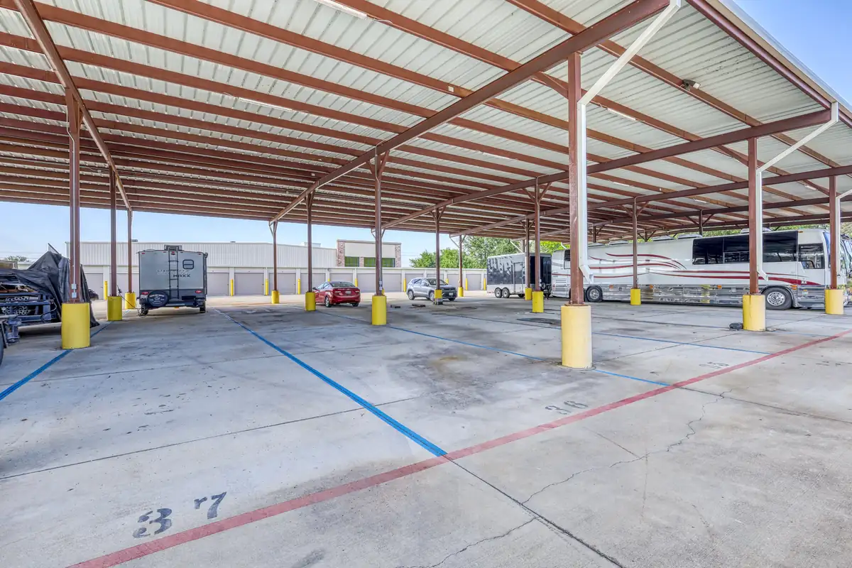 Covered parking spaces for RVs and boats at MyPlace Self-Storage in Denton, Texas.