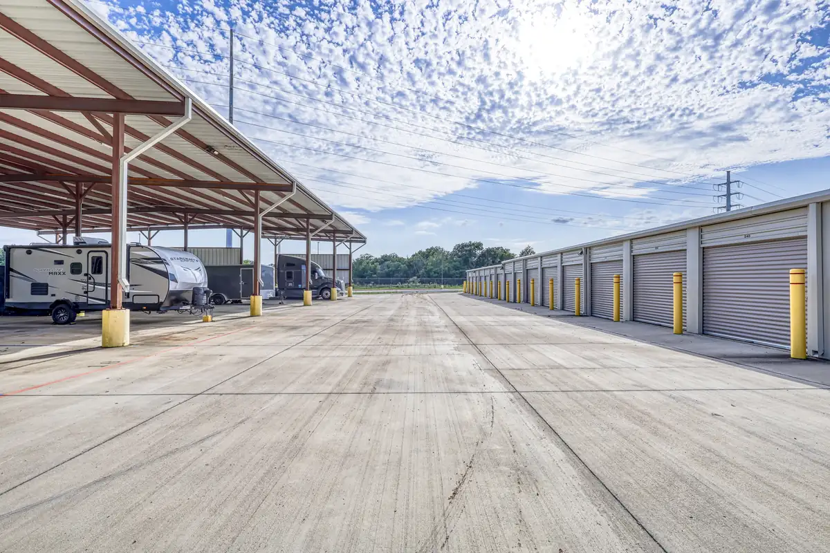 Covered RV and boat storage canopies at MyPlace Self-Storage on East University Drive in Denton, TX.