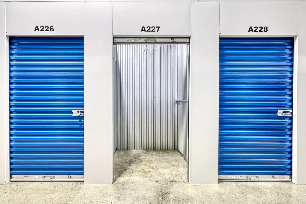 Interior view of an open, empty climate-controlled storage unit at MyPlace Self Storage in Lafayette, IN.