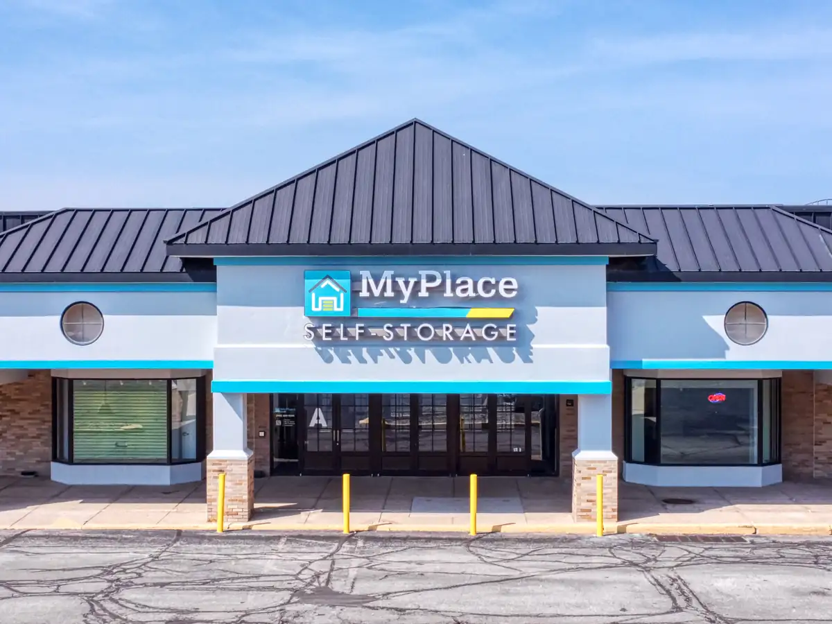 Exterior view of the main entrance and facade of MyPlace Self Storage on Elmwood Ave.