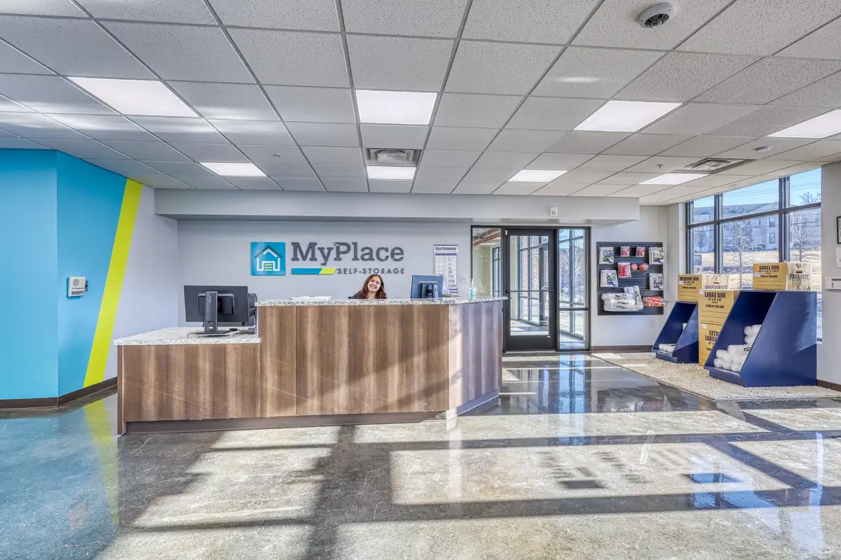 Rental office front counter at MyPlace Self-Storage in Greenville, South Carolina.