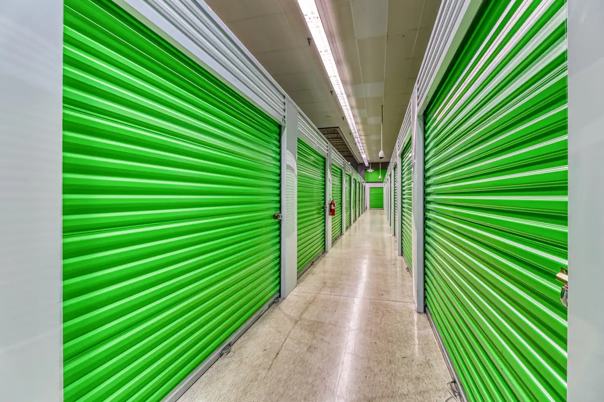 Interior corridor of ground-floor climate-controlled storage units at MyPlace Self-Storage Indianapolis.