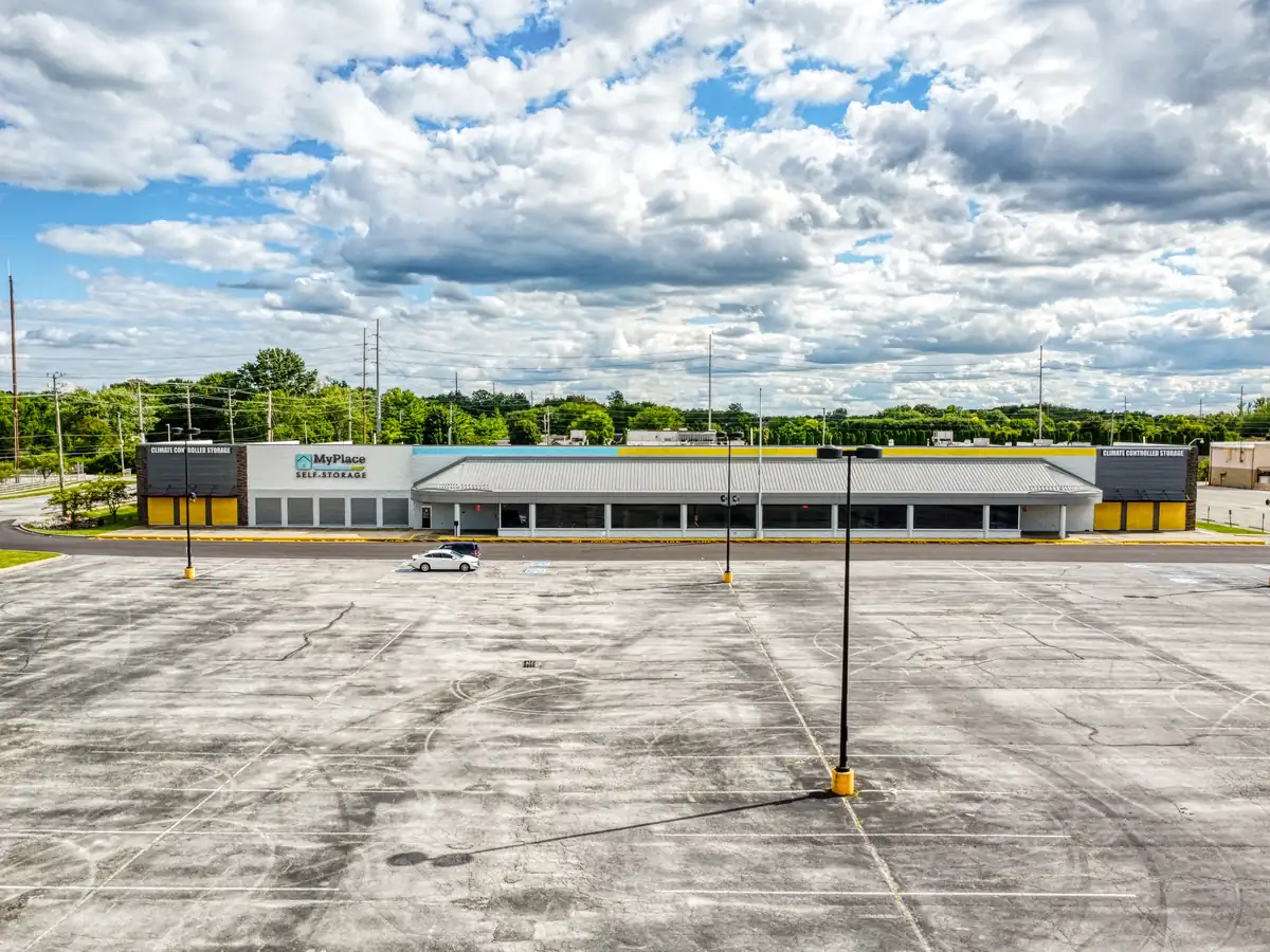 Aerial view of MyPlace Self-Storage and customer parking on E Washington Street in Indianapolis, IN.