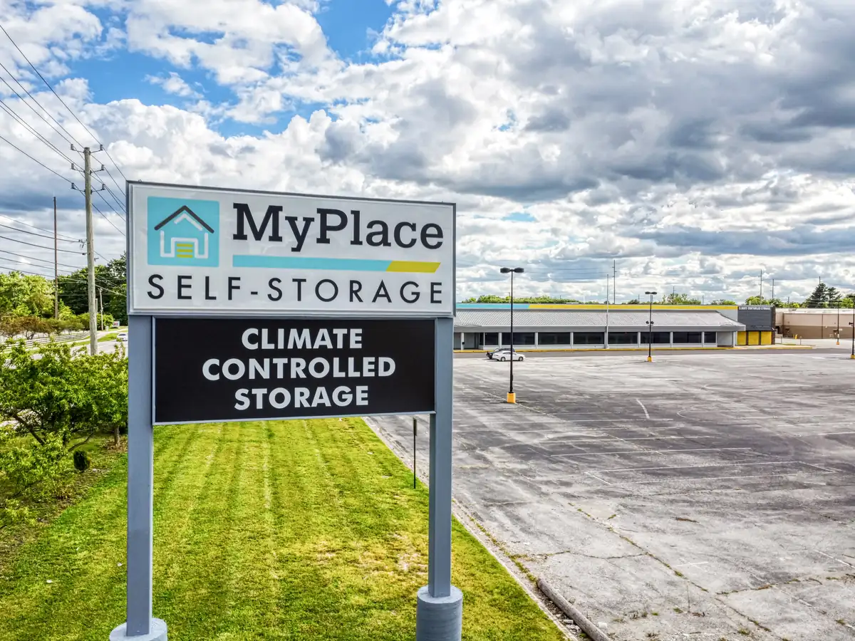 MyPlace Self-Storage monument sign on E Washington Street in Indianapolis, Indiana.