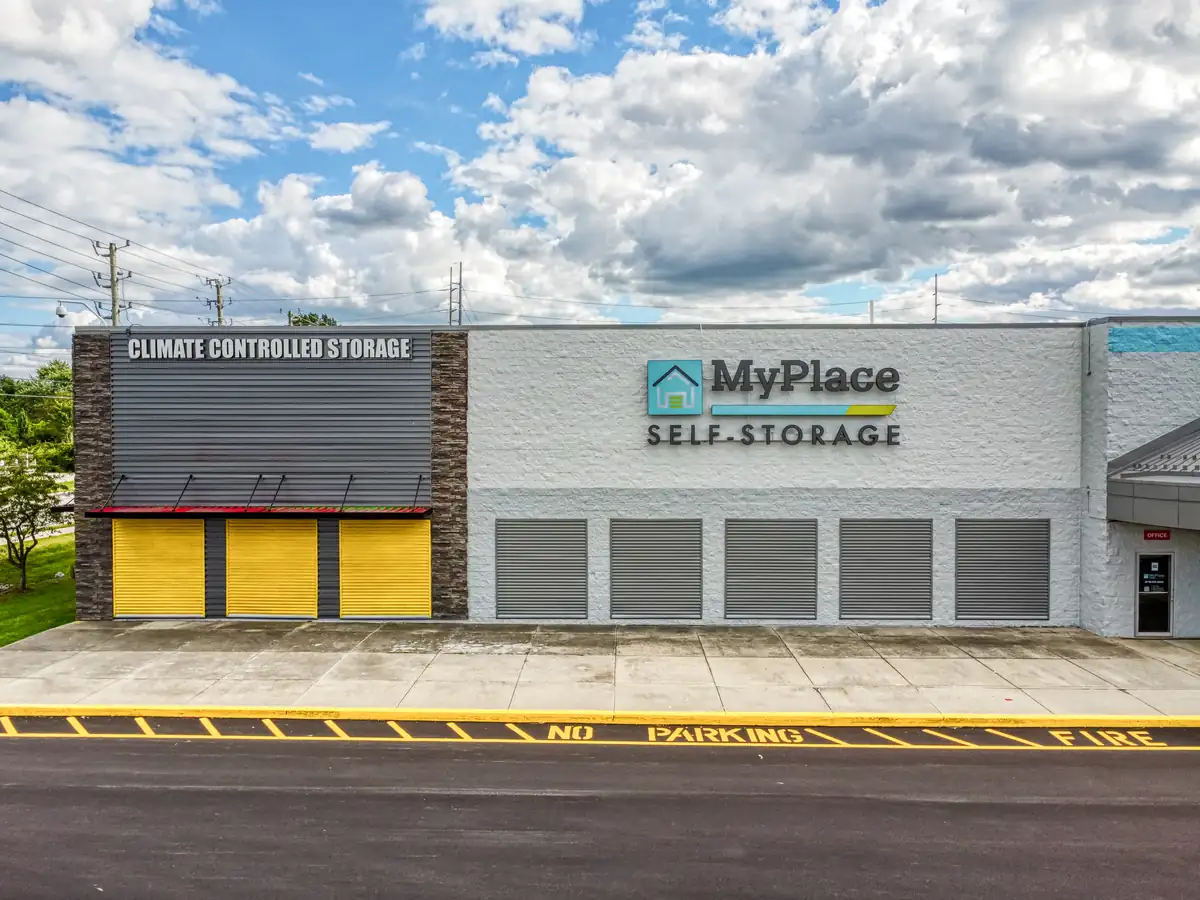 MyPlace Self-Storage building and entrance at 10901 E Washington Street in Indianapolis, IN.