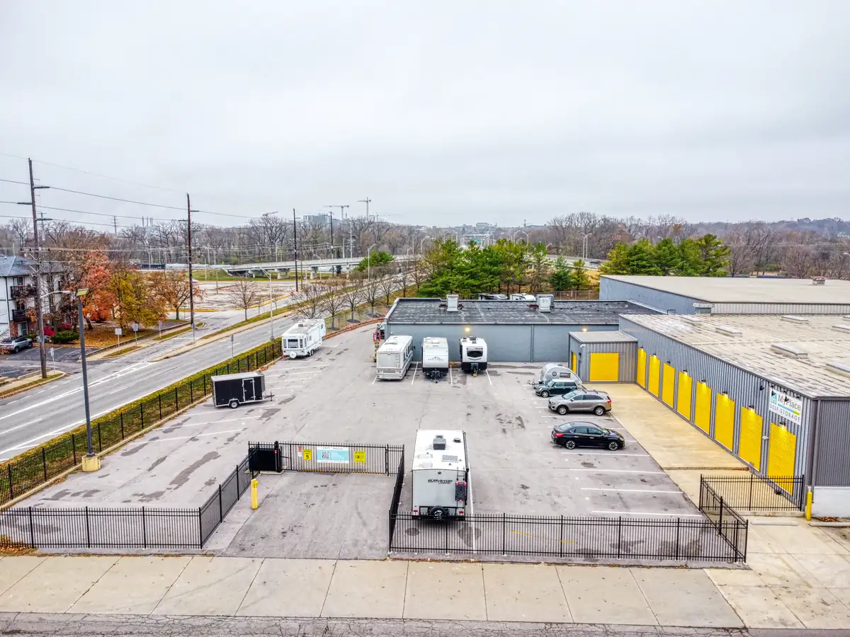 Aerial view of the paved lot and vehicle parking area at MyPlace Self-Storage on N 6th Street in Lafayette, IN.