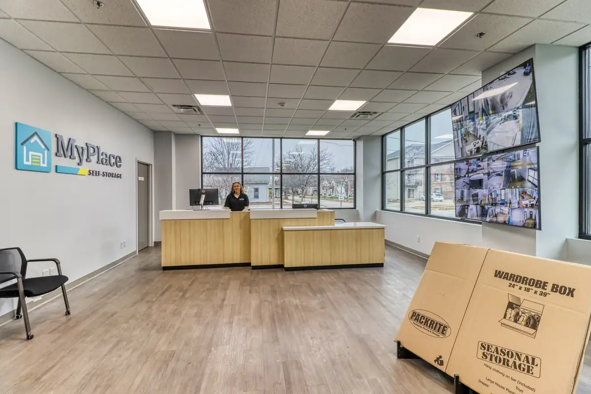 Rental office counter and moving supplies for sale at MyPlace Self-Storage in Lafayette, Indiana.