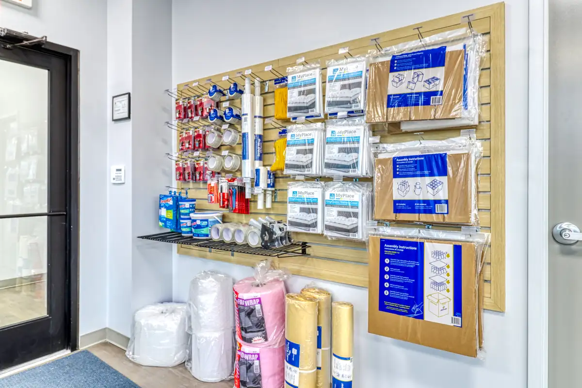 Moving boxes and packing supplies for sale in the office at MyPlace Self-Storage Lafayette.