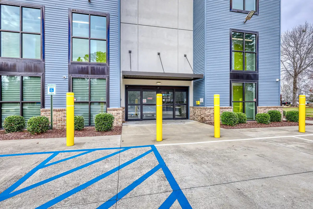 Covered building entrance and loading zone at MyPlace Self-Storage on Old Cherokee Road.