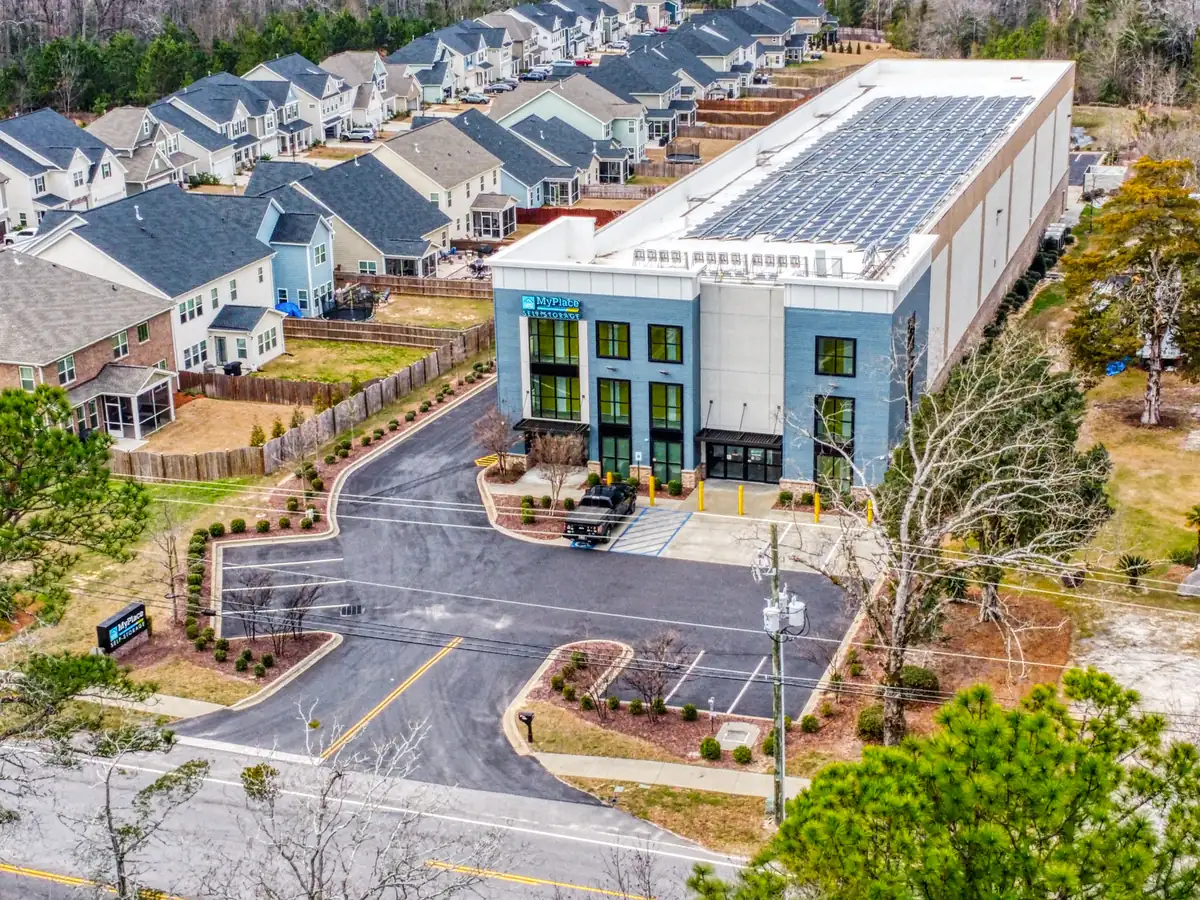 Aerial view of MyPlace Self-Storage and customer parking on Old Cherokee Road in Lexington.