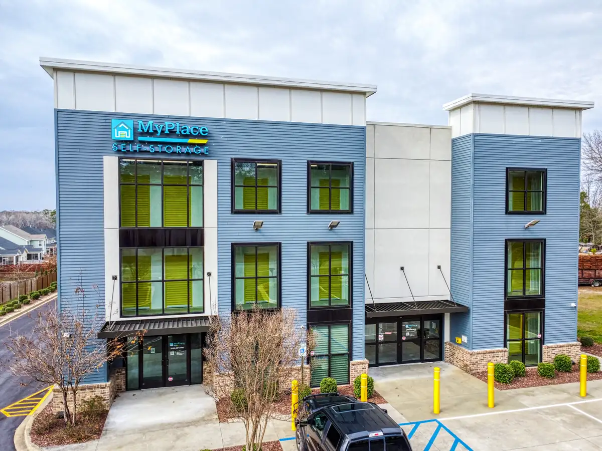Aerial view of the MyPlace Self-Storage building at 1120 Old Cherokee Road in Lexington, SC.