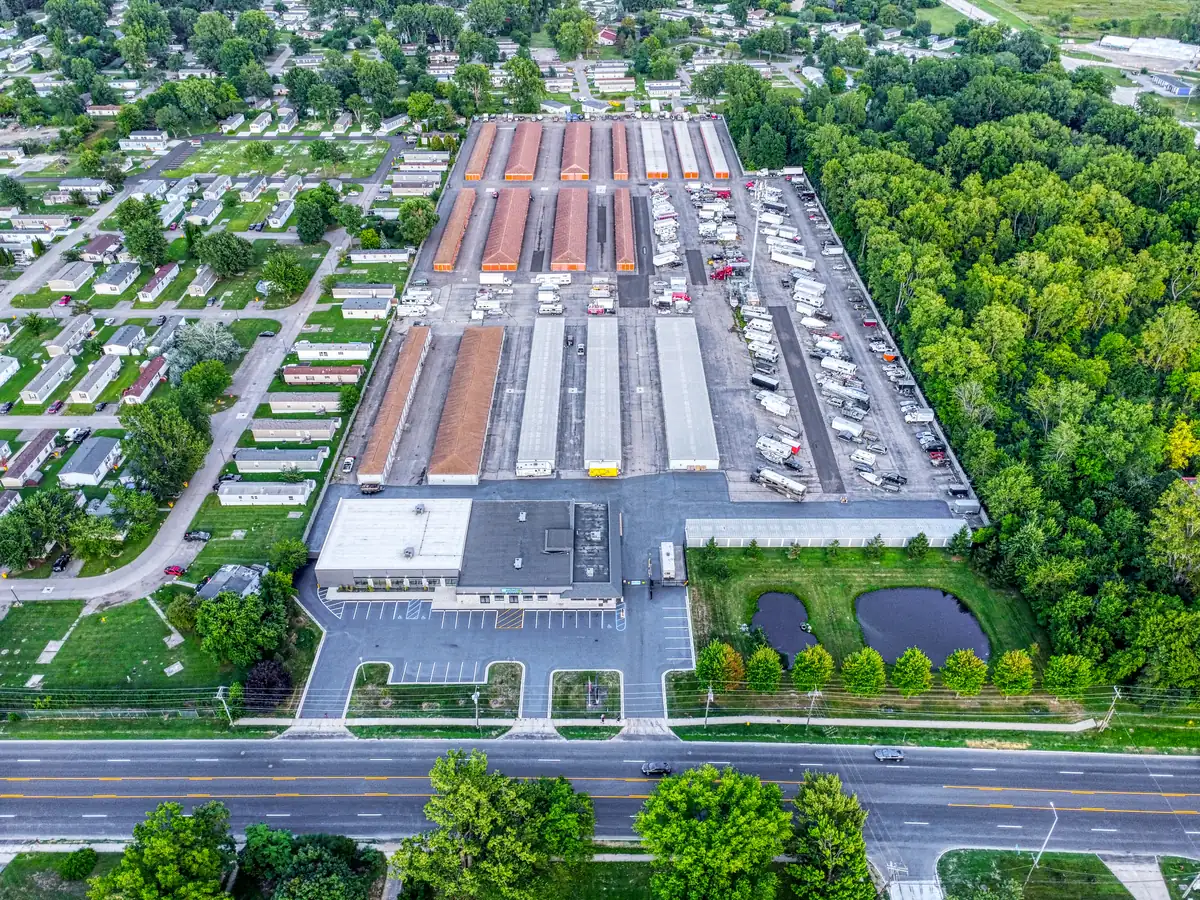 Aerial view of MyPlace Self-Storage buildings and drive aisles at 5235 S Merriman Rd in Westland, MI.