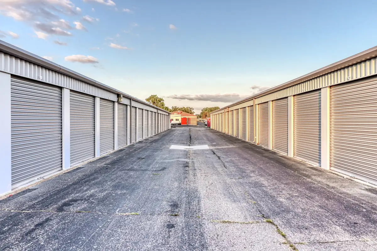 Drive aisle between rows of drive-up storage units at MyPlace Self-Storage on S Merriman Road in Westland, MI.
