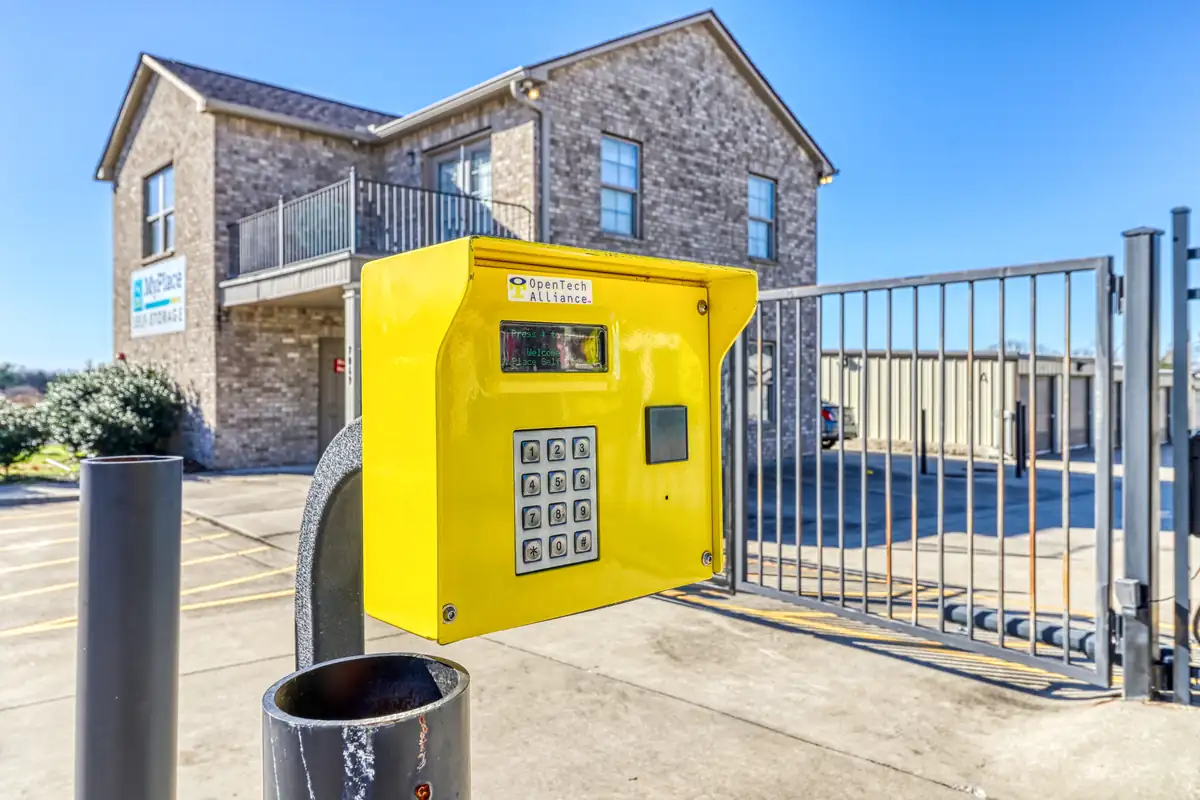 Gate keypad and fenced entrance at MyPlace Self-Storage in Murfreesboro, Tennessee.