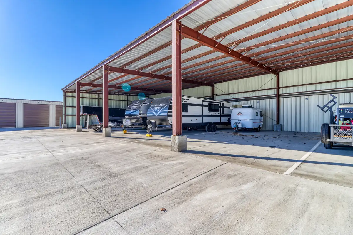 Covered RV and boat storage canopies at MyPlace Self-Storage on Leanna Central Valley Road.