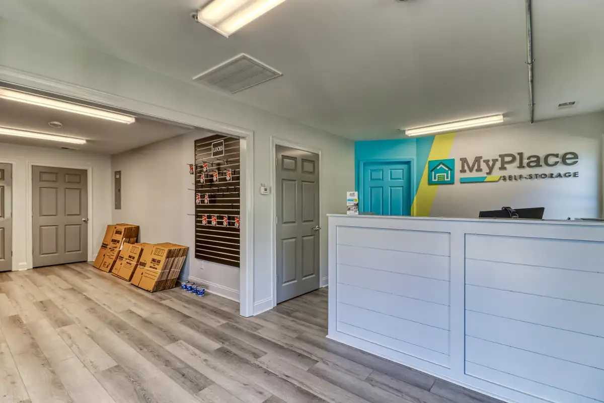 Rental office front counter and packing supplies at MyPlace Self-Storage in Murfreesboro, TN.