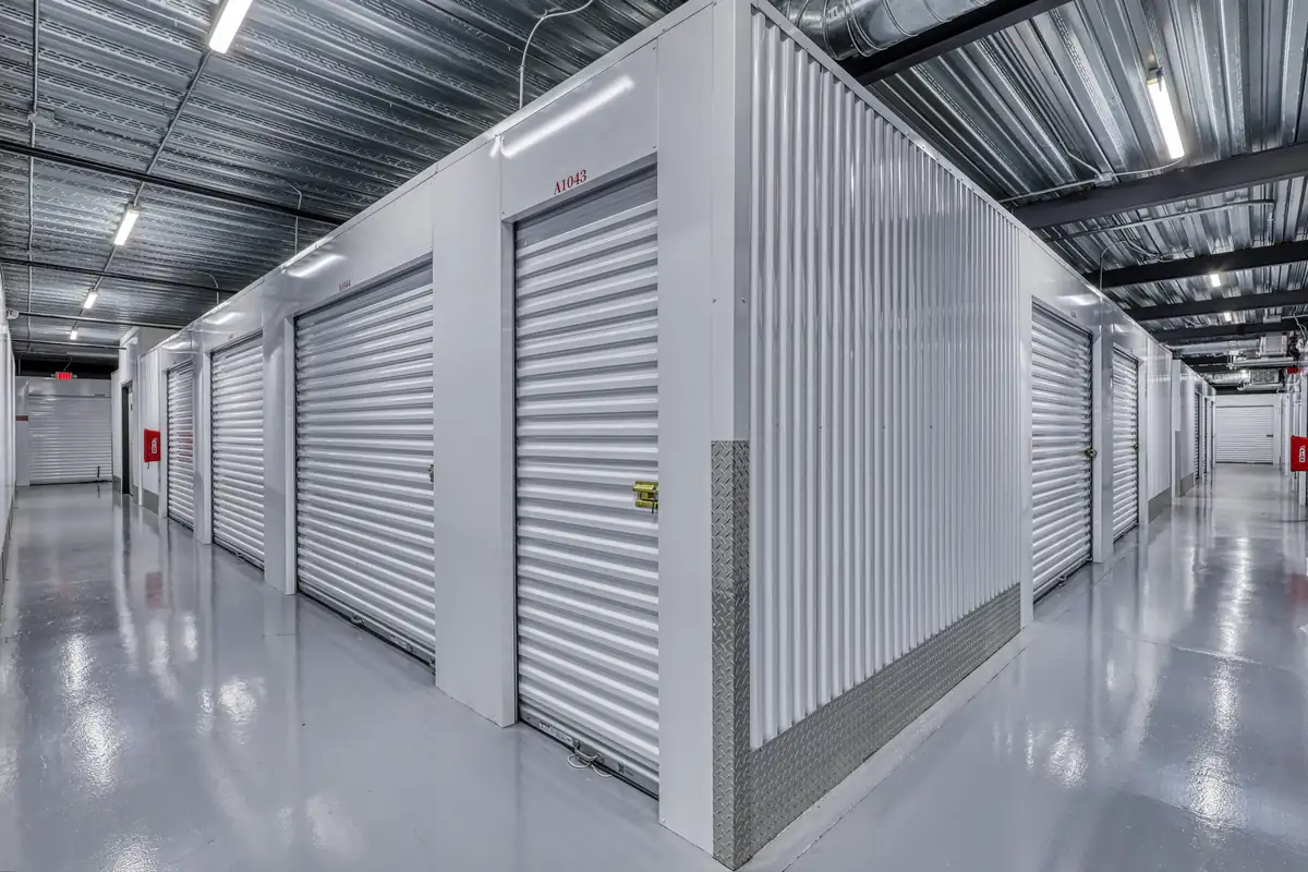 Interior corridor of climate-controlled storage units at MyPlace Self-Storage on N Palafox Street.