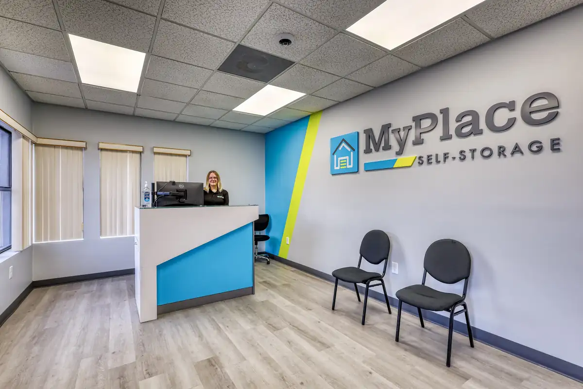 Rental office front counter at MyPlace Self-Storage in Pensacola, Florida.